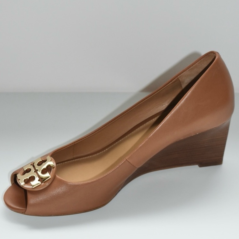 TORY BURCH Brown Peep-Toe Wedges